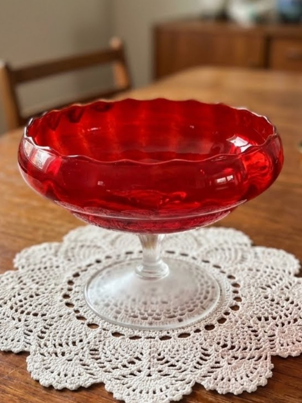 Vintage MCM Empoli Ruby Red Glass Optic Pedestal Compote Centerpiece